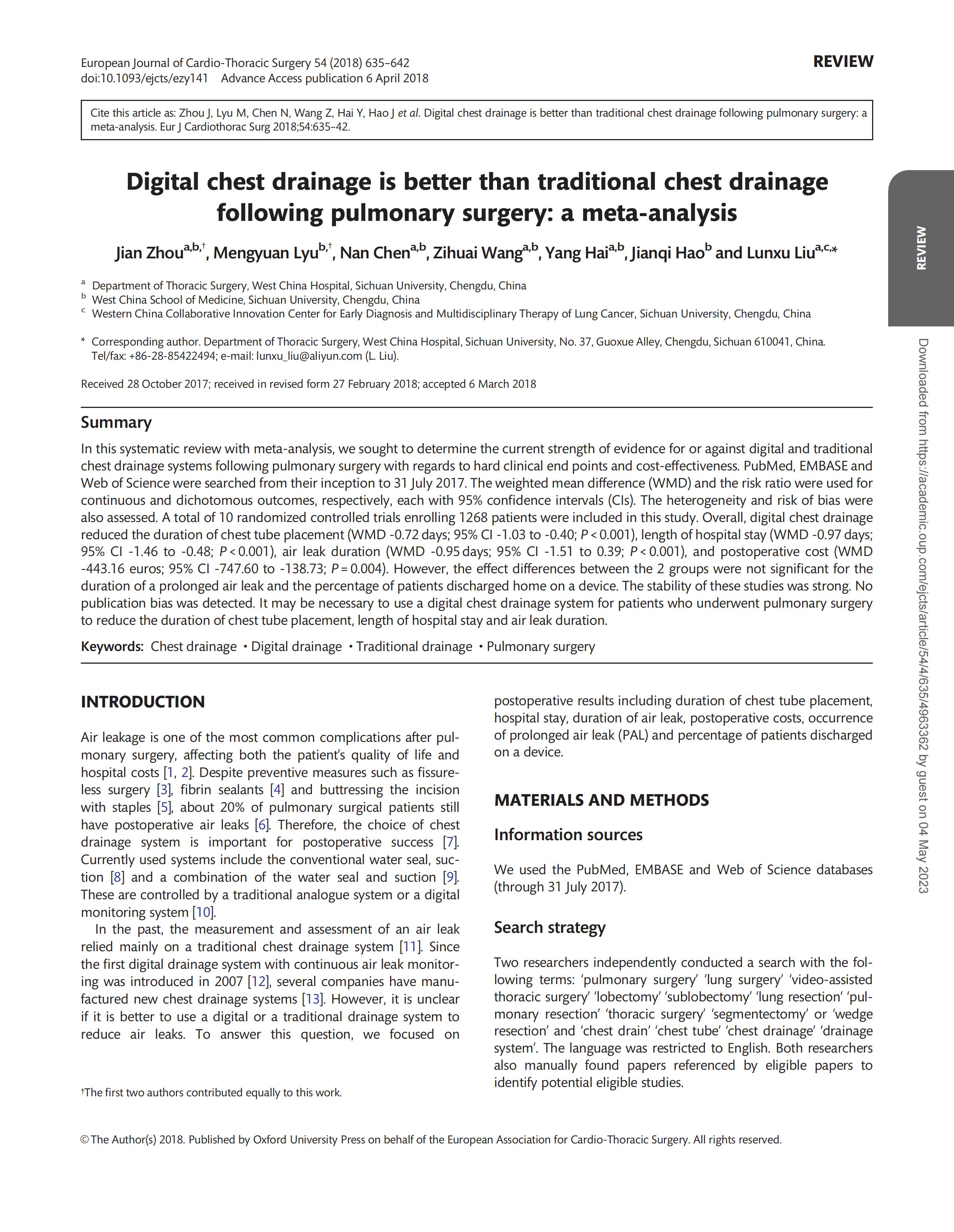 肺部手术后数字化胸腔引流优于传统胸腔引流：一种meta分析